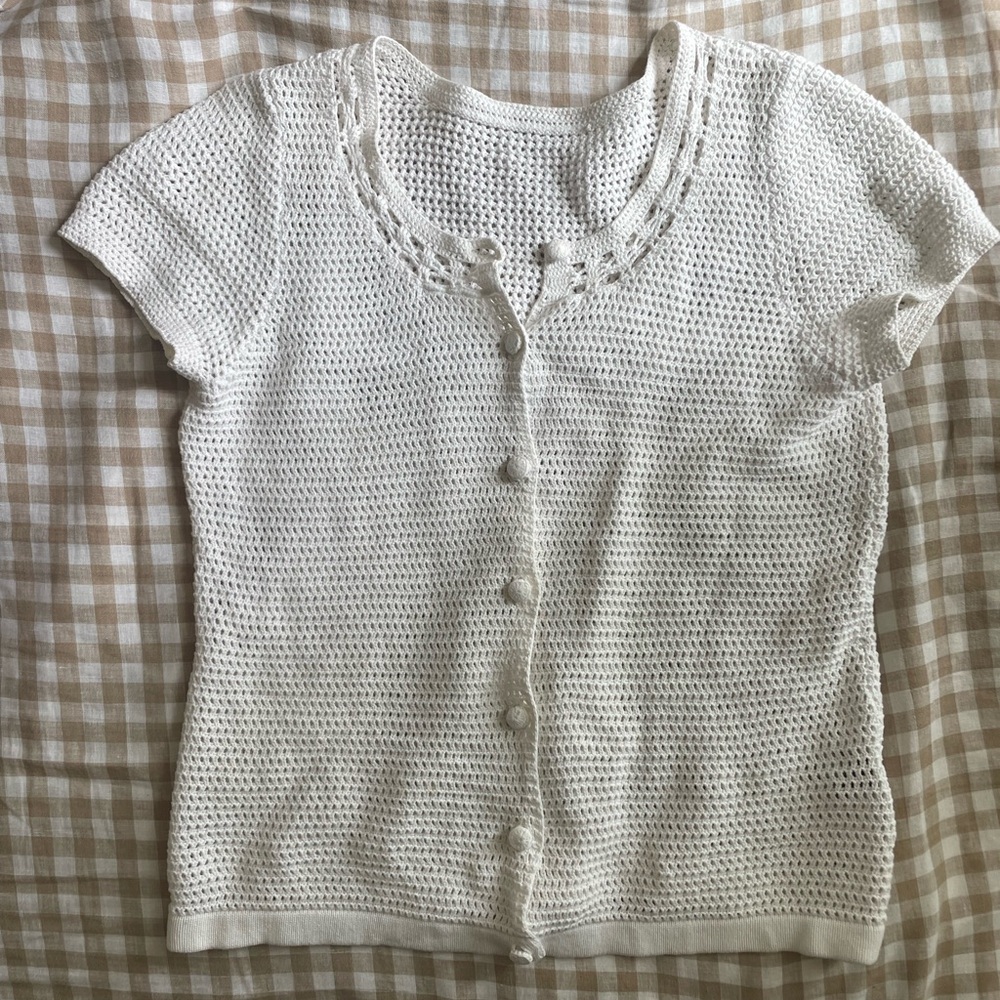 Sezane Cream Open-Knit Button-Down Short Sleeve Top